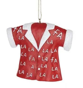 Red Fa La La La Christmas sweater ornament shaped like a shirt with collar and LA pattern on Tampa Home & Garden Store