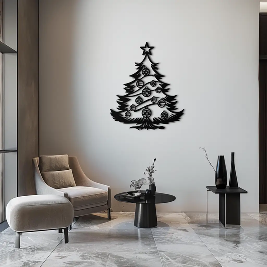 Christmas Tree Metal Wall Art black with star topper and round ornaments on Tampa Home & Garden Store