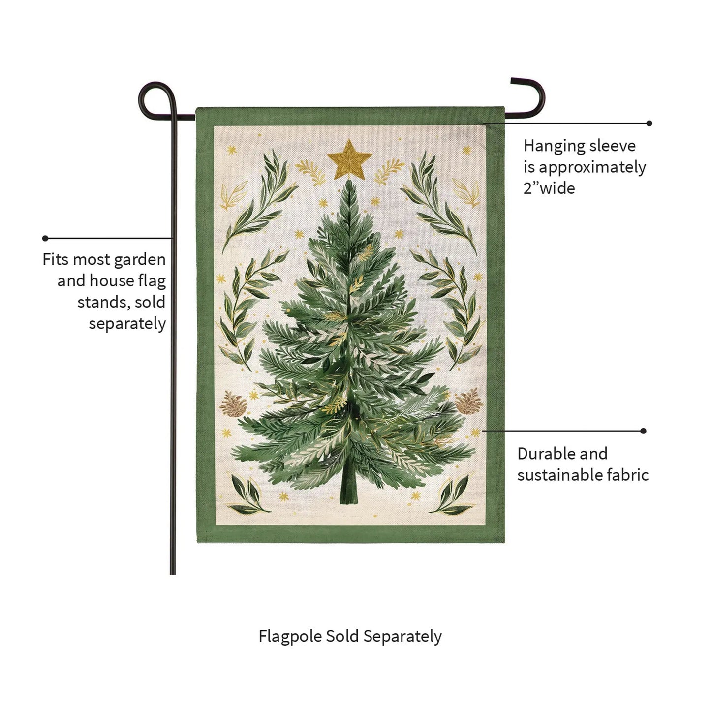 Christmas Tree with Acorn Burlap Garden Flag with green burlap border and tree illustration on Tampa Home & Garden Store