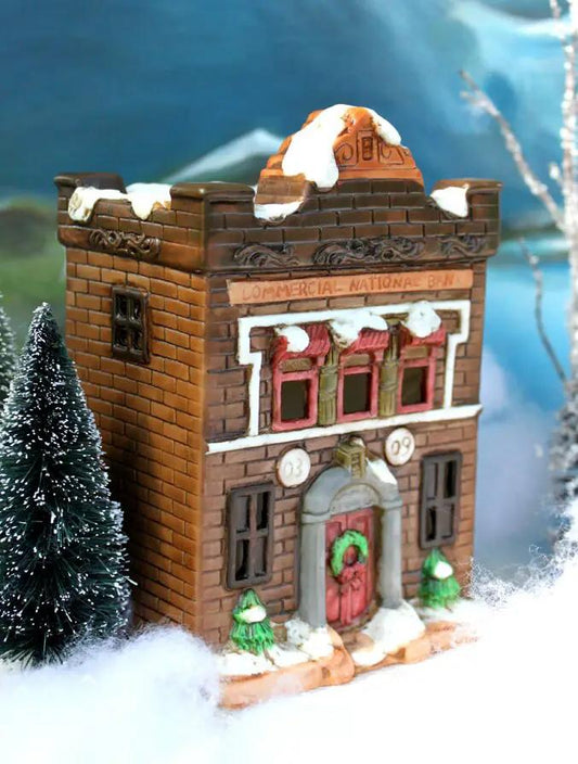 Hand painted Christmas Village Bank with lights, vintage brick storefront, Anything Discovered on Tampa Home & Garden Store