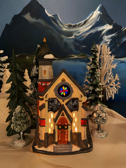 Christmas Village Church with Stained Glass Window. Illuminated House of Worship. Holiday Decor. Christmas Celebration. - Tampa Home & Garden Store