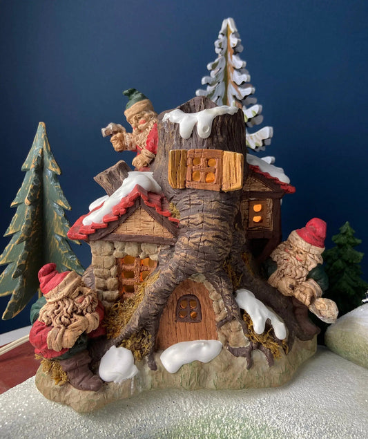 Christmas Village Dwarf's House with Light Kit snow-covered cabin with dwarves and pines on Tampa Home & Garden Store