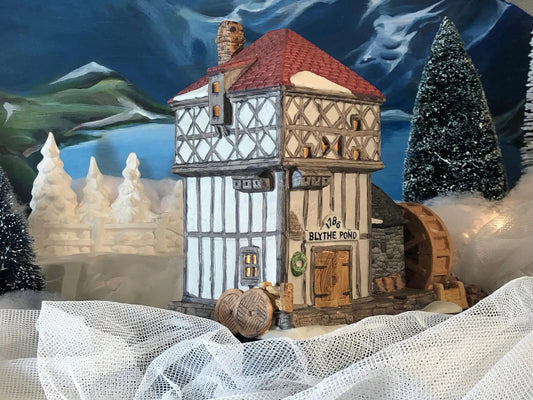 Christmas Village House Blythe Pond timber-framed cottage with red roof snow scene on Tampa Home & Garden Store