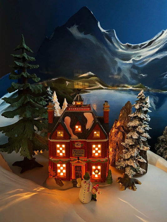 Department 56 Christmas Village House, red brick with lit windows, snowy landscape, 2 snowmen on Tampa Home & Garden Store