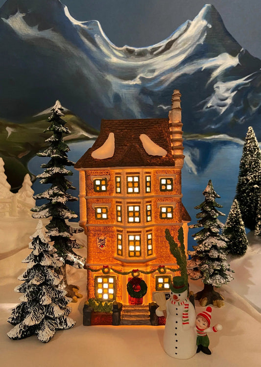 Dept 56 Nephew Freds Flat Christmas Village House illuminated brick townhouse with snow roof on Tampa Home & Garden Store