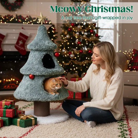 Christmas Cat Tree With 2 Condos Scratching Post green fuzzy fabric cat in lower condo on Tampa Home & Garden Store