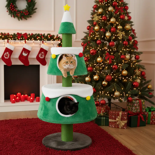 Green Christmas Cat Tree by DirectDeals with 2 condos; orange cat upper, black cat lower on Tampa Home & Garden Store