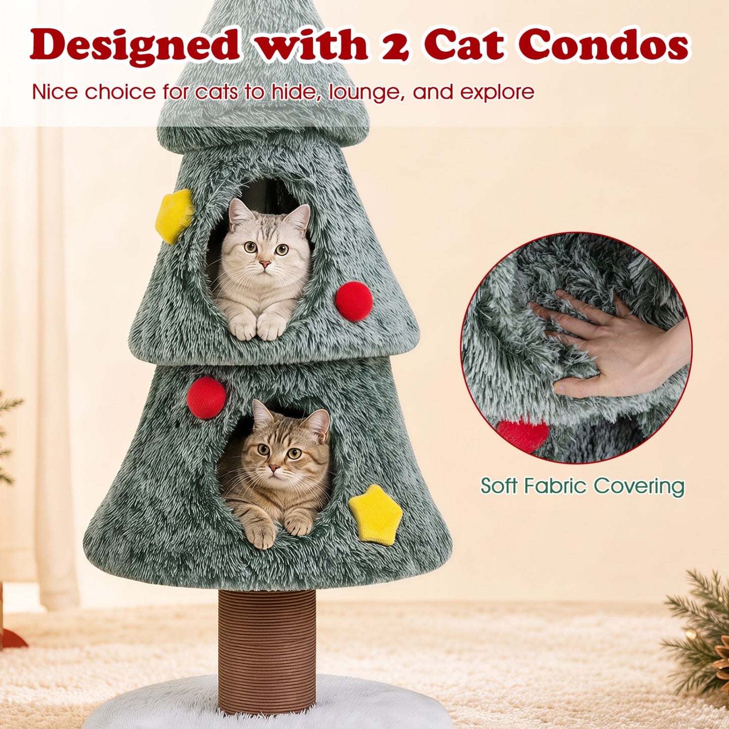 Christmas Cat Tree with 2 Condos & Scratching Post by DirectDeals, soft plush covering on Tampa Home & Garden Store