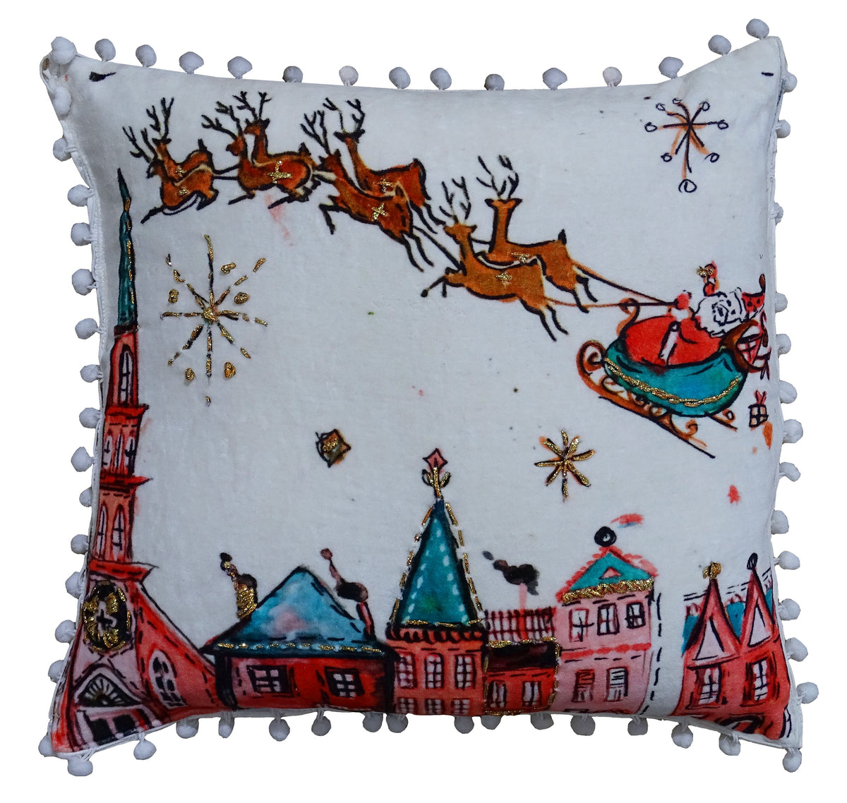 Vibhsa Santa pillow 18x18 with sleigh and reindeer print, white fabric, pom-pom trim on Tampa Home & Garden Store