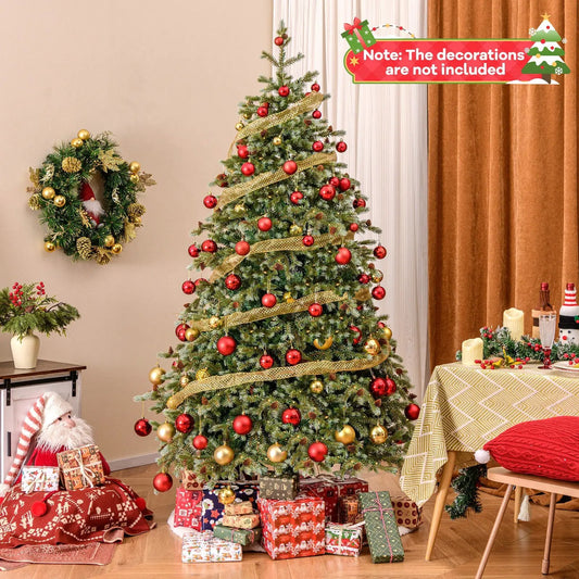 6/7/8 ft Christmas tree with warm white LEDs, gold ribbon and red gold ornaments on Tampa Home & Garden Store