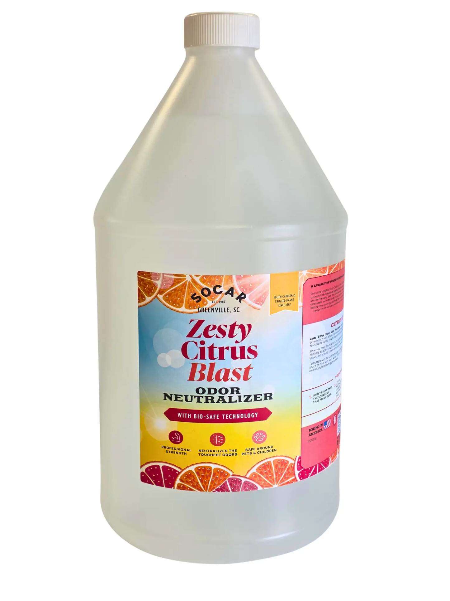 Socar Odor Neutralizer Zesty Citrus Blast gallon bottle with citrus label Socar Chemical brand on Tampa Home & Garden Store