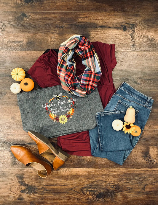 Tote bag Claire's Apothecary Fall Wreath by Thistle & Stitch; gray tote with embroidered wreath on Tampa Home & Garden Store