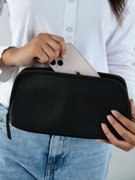Classic black leather clutch with zipper pocket on Tampa Home & Garden Store
