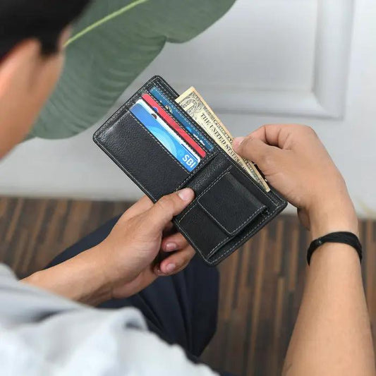 Classic Black Leather Bi Fold Wallet with card slots on Tampa Home & Garden Store