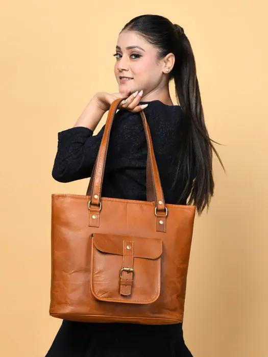 Classic Chic Genuine Buffalo Leather Tote Bag tan brown with front pocket on Tampa Home & Garden Store