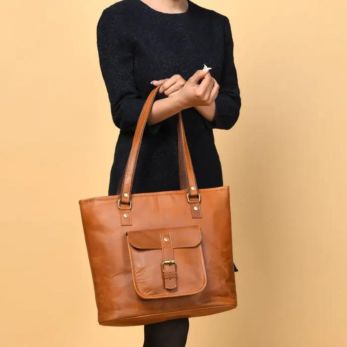Classic Chic Buffalo Leather Tote Bag tan brown with front pocket by Classy Leather Bags on Tampa Home & Garden Store