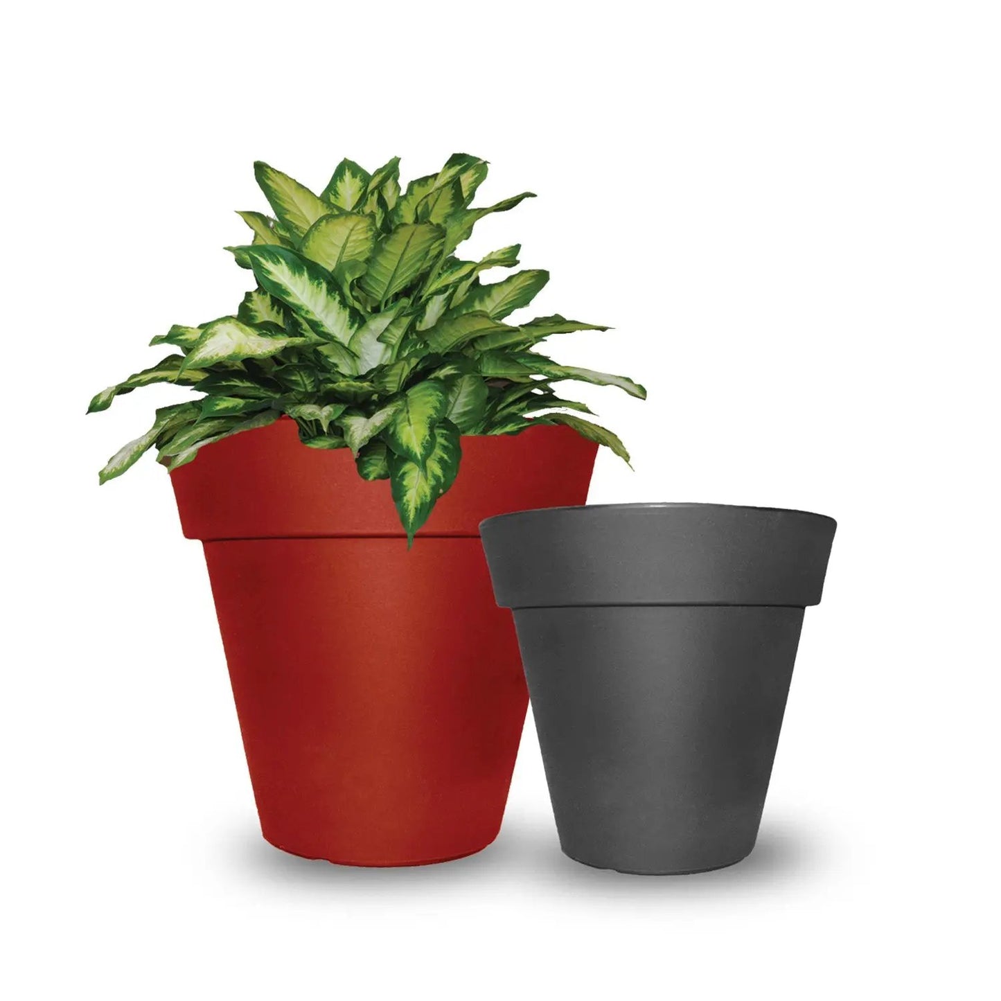 Classic Round Planter set: red and gray pots with green leaves, modern design by Tusco Products on Tampa Home & Garden Store