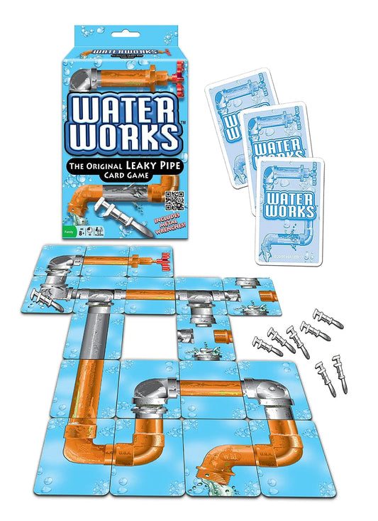 Classic Waterworks Leaky Pipe Card Game blue box with orange pipes and playing cards included on Tampa Home & Garden Store
