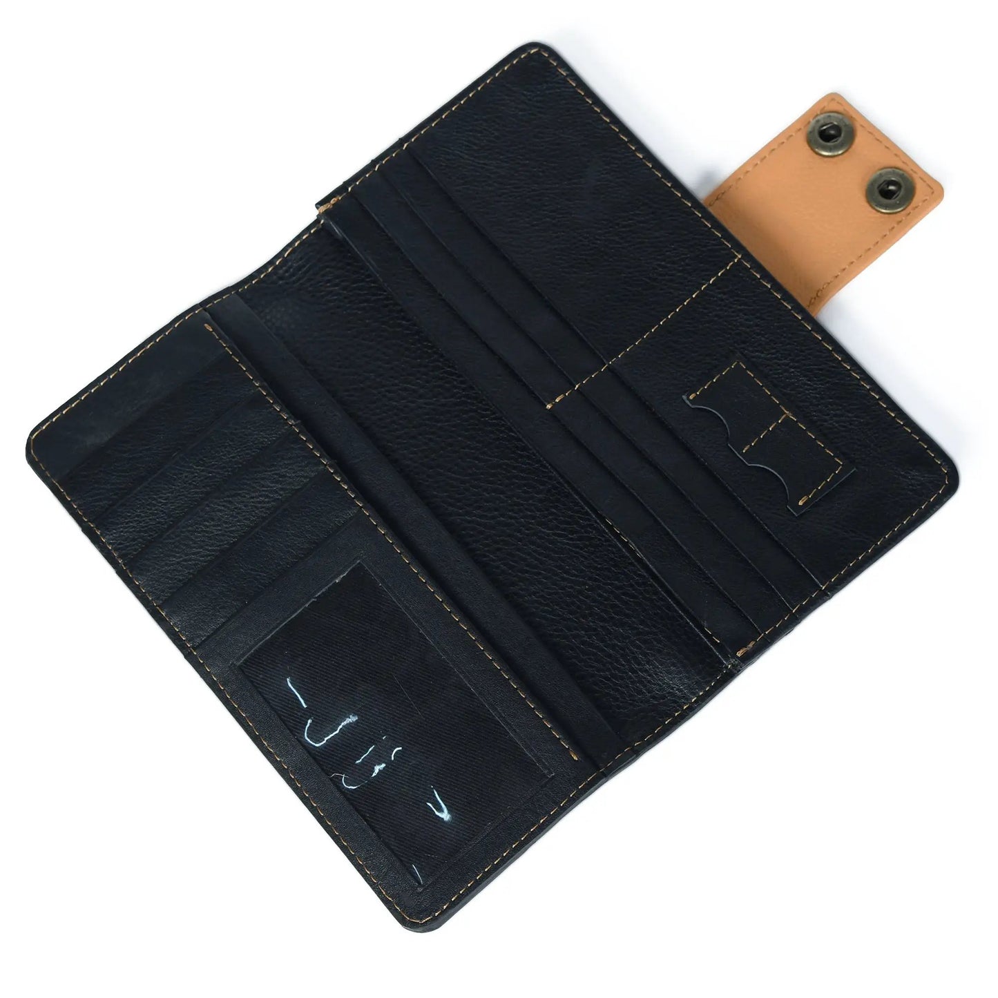Elegant black leather long wallet with tan interior, RFID blocking, multiple card slots on Tampa Home & Garden Store