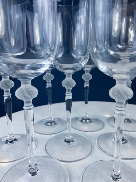 Clear crystal wine goblets with frosted leaf ball on tall stems, set of 10 on Tampa Home & Garden Store