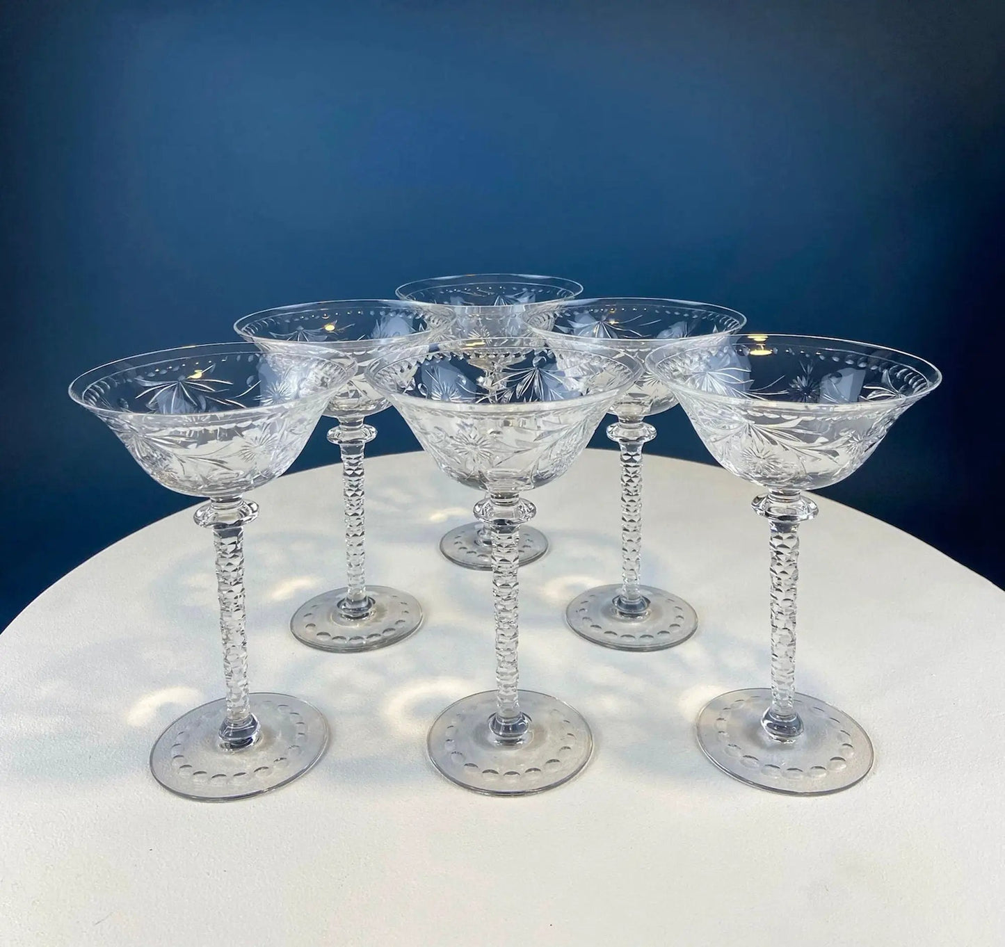 Sasaki Isabelle Clear Crystal Goblets, etched starburst bowls with twisted stems, set of 10 on Tampa Home & Garden Store