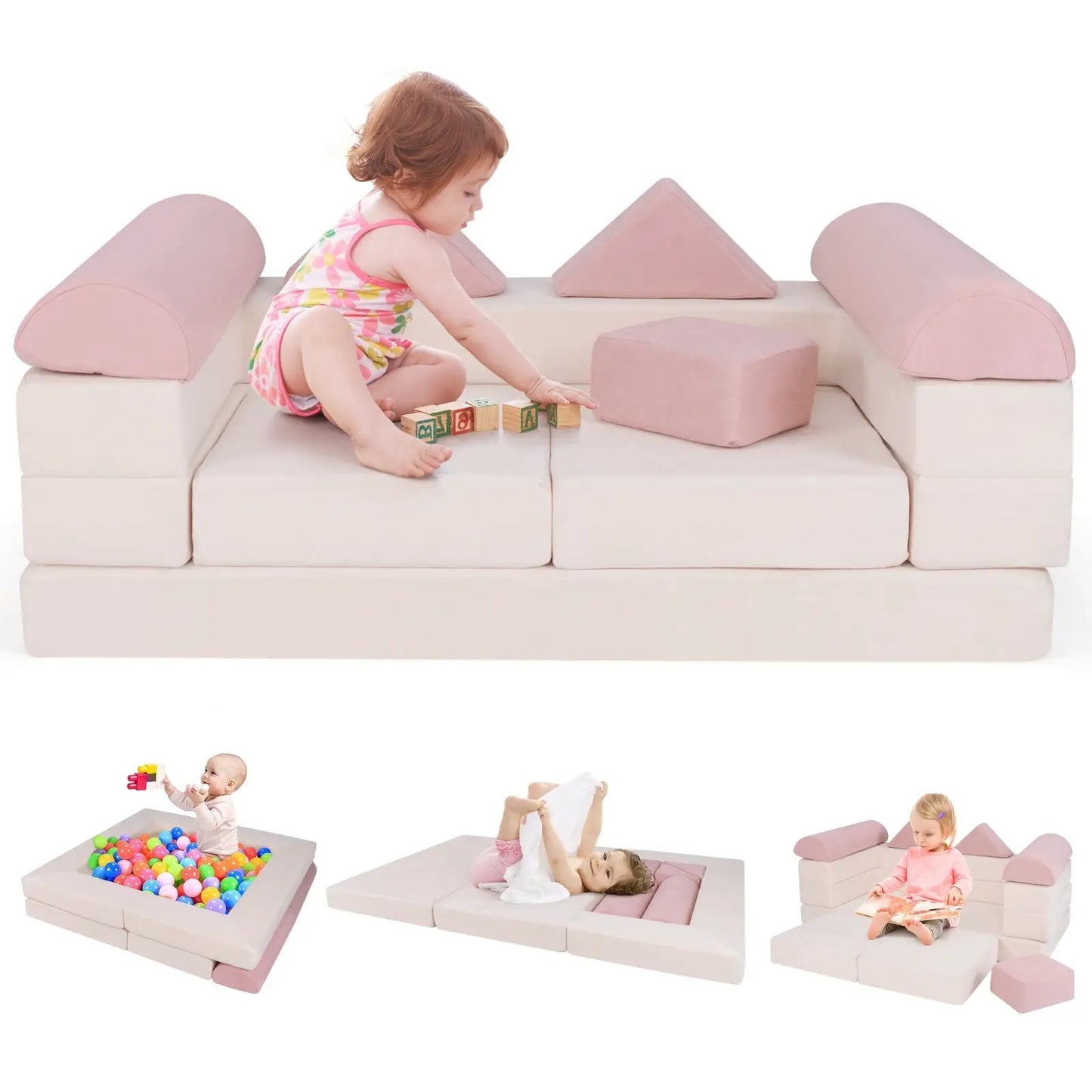 9-Piece Climb and Crawl Foam and Floor Playset with Breathable Suede Fabric-Beige - Tampa Home & Garden Store