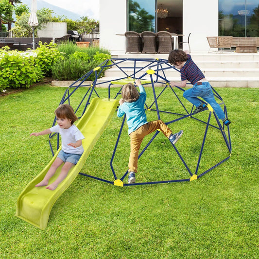 13.3 ft Climbing Dome Climber with Extended Slide blue frame and lime-green slide DirectDeals on Tampa Home & Garden Store