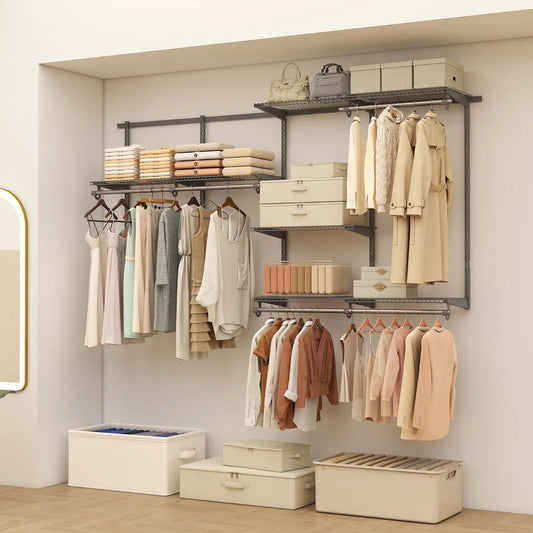 Wall-Mounted Closet System 4-8 ft with metal shelves and rod, beige storage boxes on Tampa Home & Garden Store