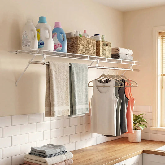 Wall Mounted Closet Shelf and Hanging Rod by DirectDeals, white metal shelf with chrome rod on Tampa Home & Garden Store