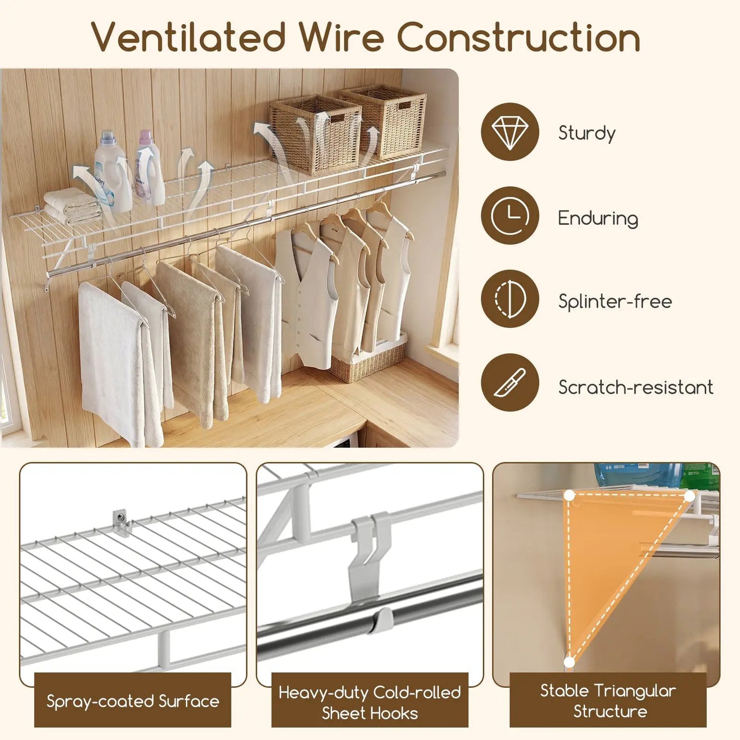 Wall Mounted Closet Shelf and Hanging Rod in white metal with two wicker baskets and clothes on Tampa Home & Garden Store