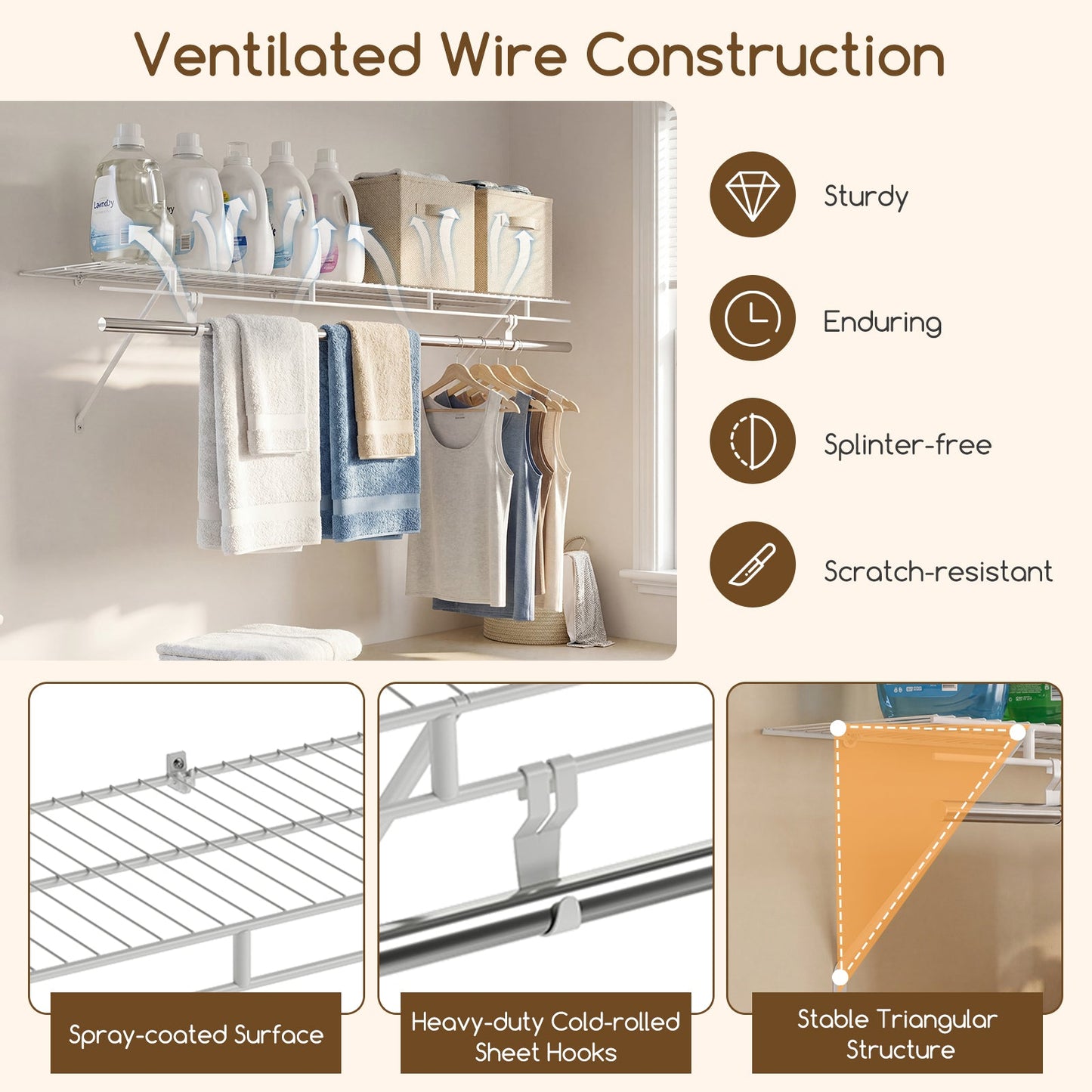 Wall mounted closet shelf with ventilated wire and hanging rod in silver metal on Tampa Home & Garden Store