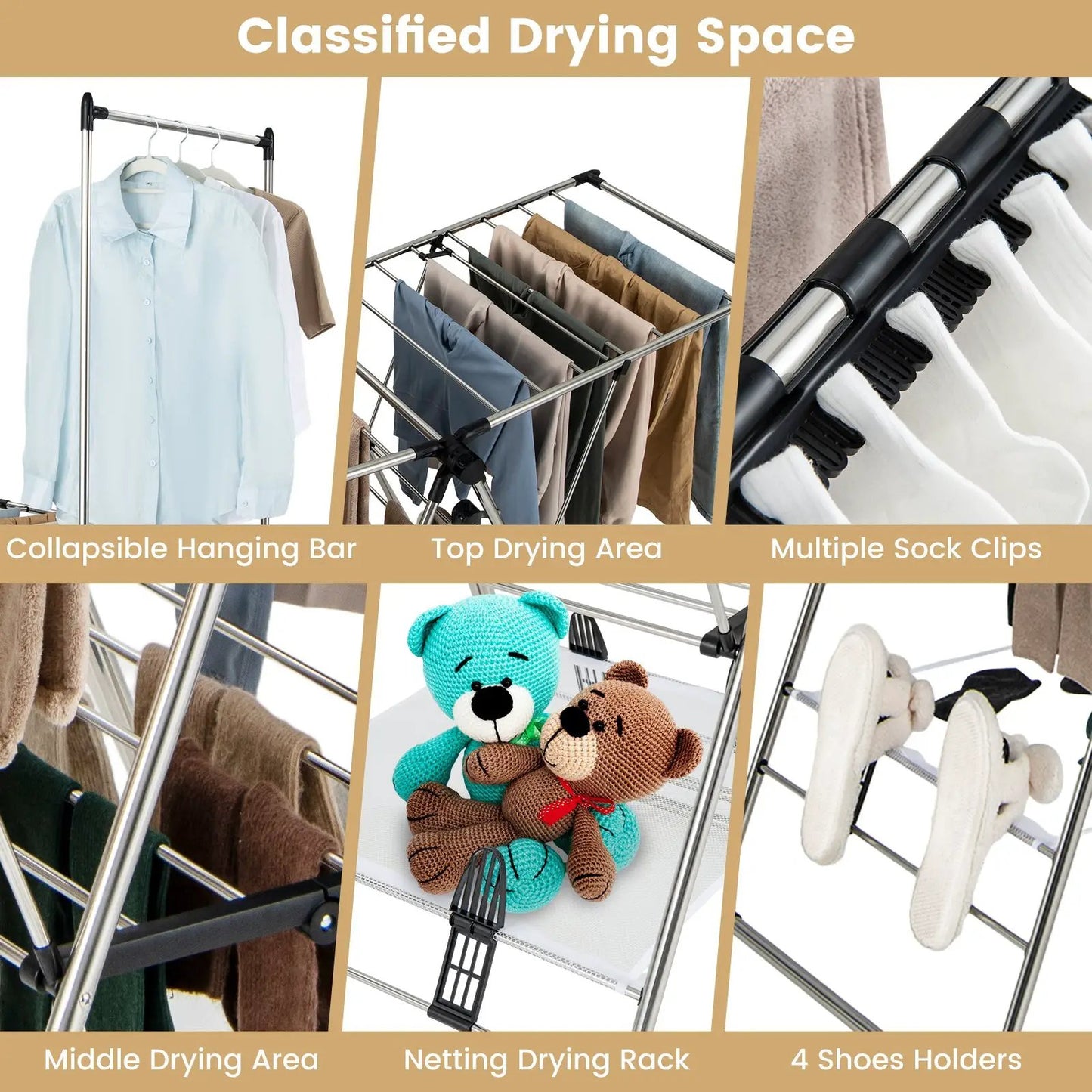 Drying rack with 6-level height adjustable, collapsible hanging bar, sock clips on Tampa Home & Garden Store