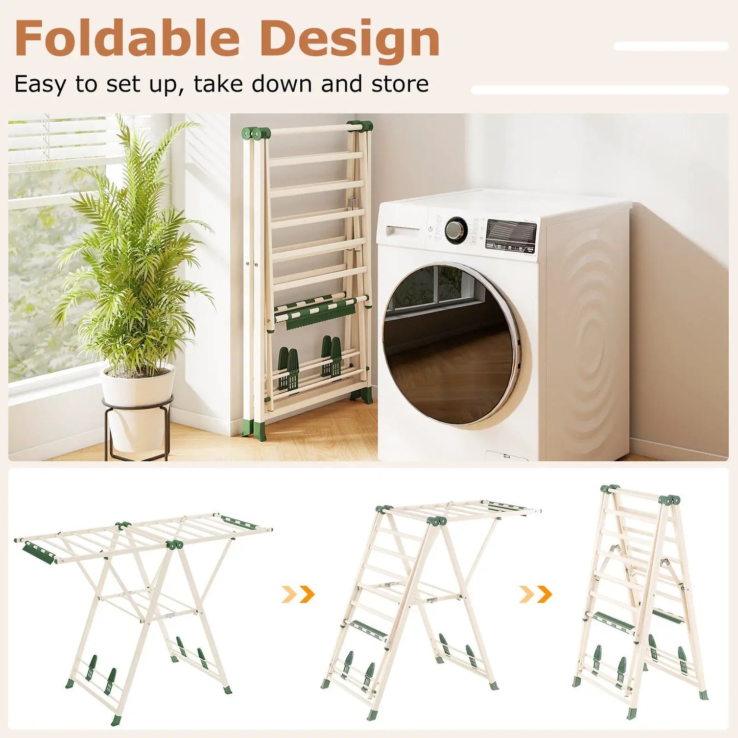 Clothes Drying Rack with Height Adjustable Wings by DirectDeals natural wood with green ends on Tampa Home & Garden Store