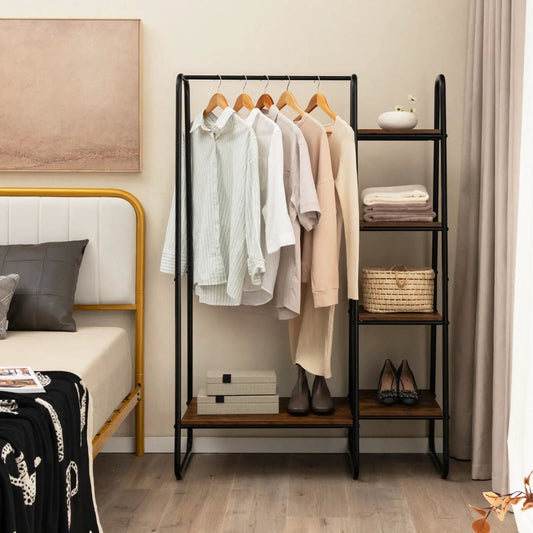 Clothes Rack Storage Tower freestanding black metal frame with wooden shelves DirectDeals on Tampa Home & Garden Store