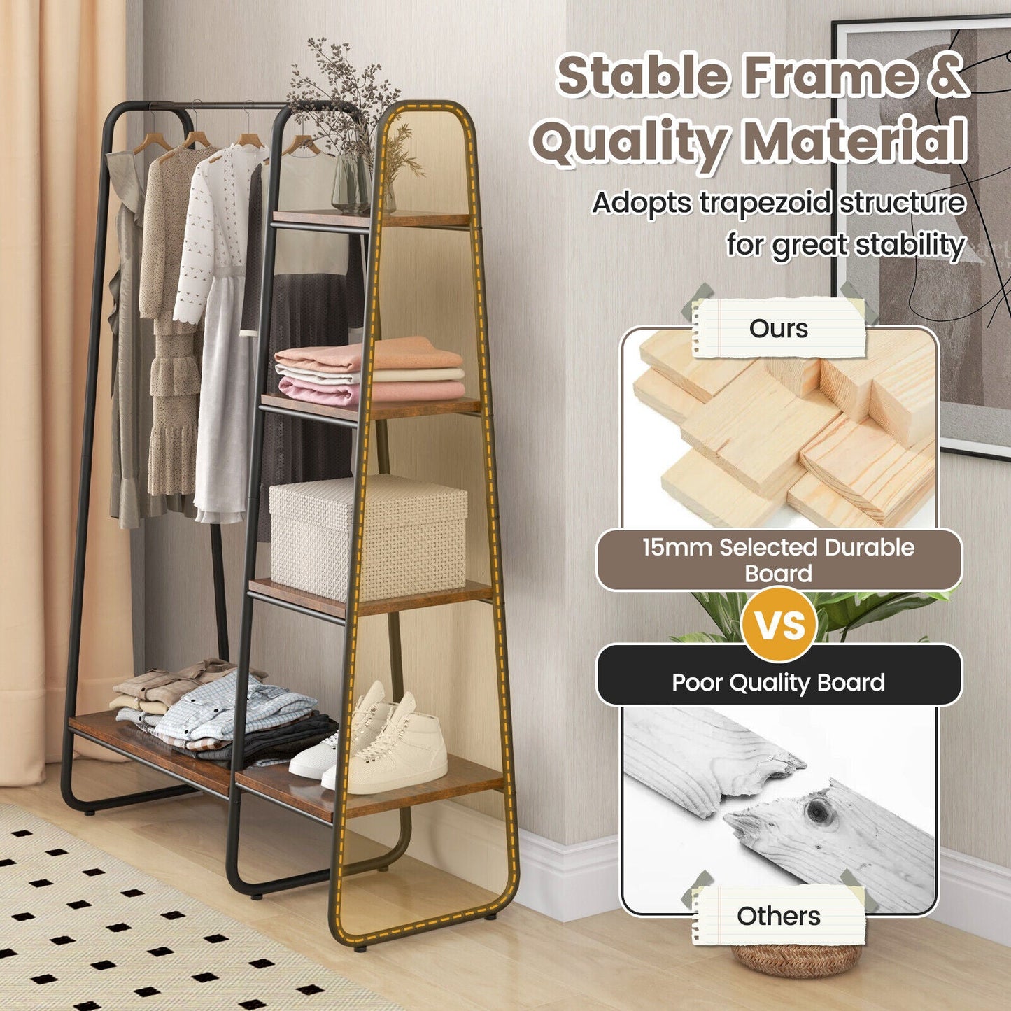 Clothes Rack Freestanding Storage Tower with Hanging Bar-Black