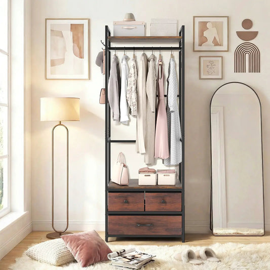 Clothes Rack with Drawers and Shelves Side Hooks black metal frame wood shelves hanging rod on Tampa Home & Garden Store