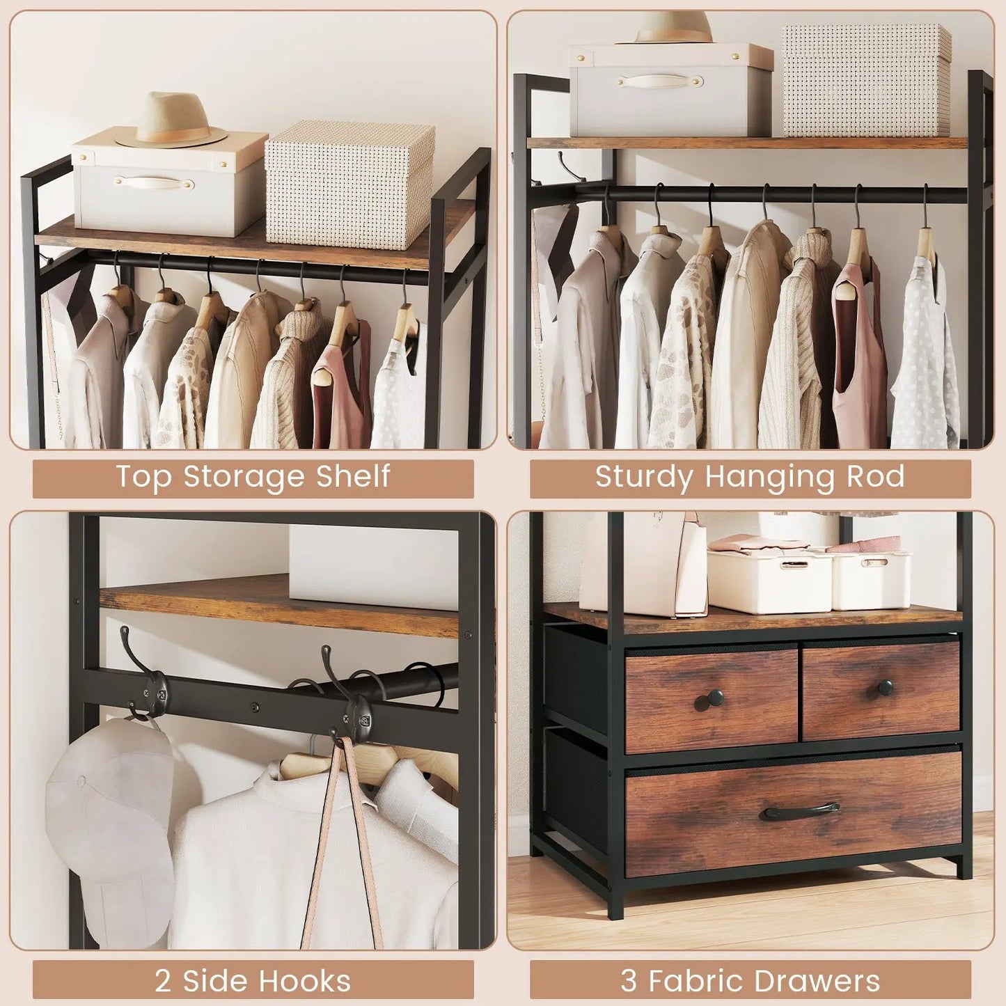 Clothes Rack with Drawers DirectDeals, black metal frame, wood top, hanging rod on Tampa Home & Garden Store