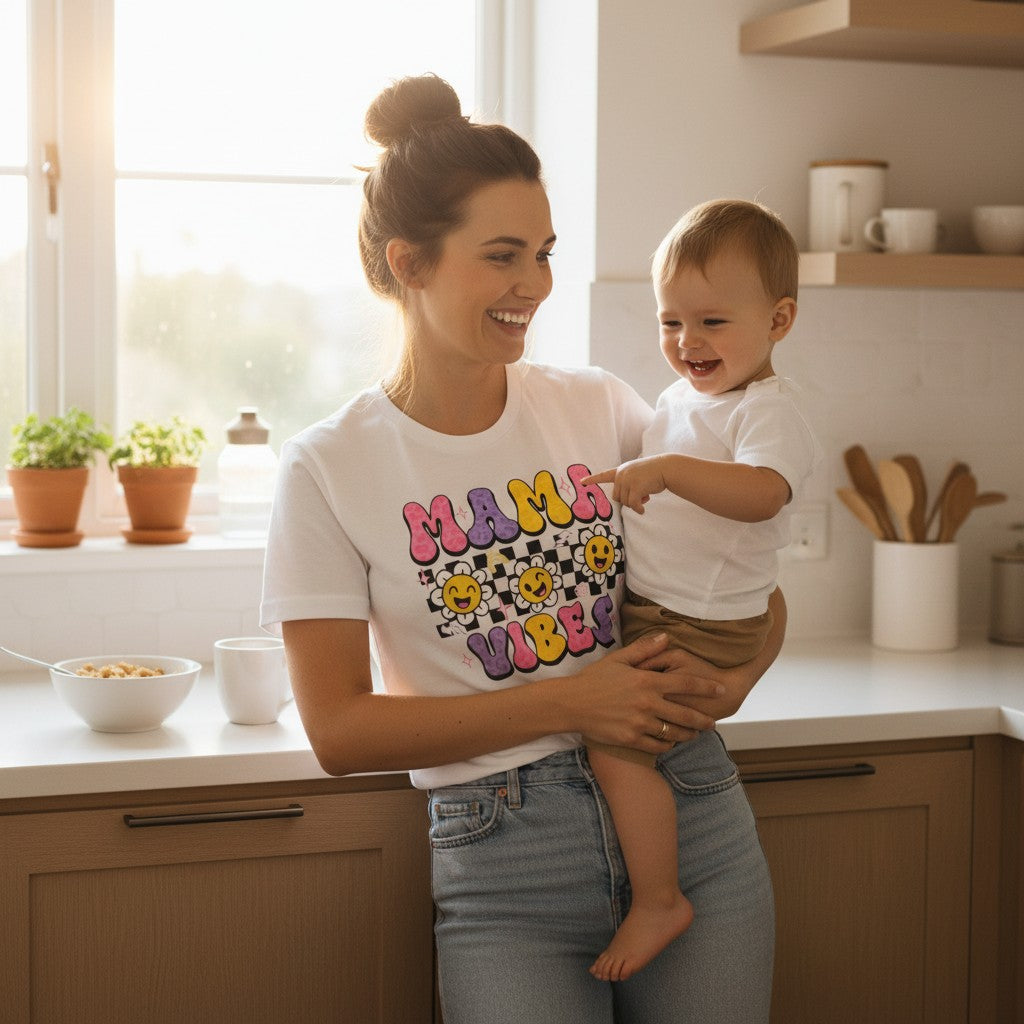 Mama Vibes Checkerboard Cotton Tee Shirt