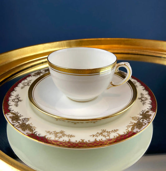 Coalport Elite white teacup and saucer with gold rim on a gilded tray on Tampa Home & Garden Store