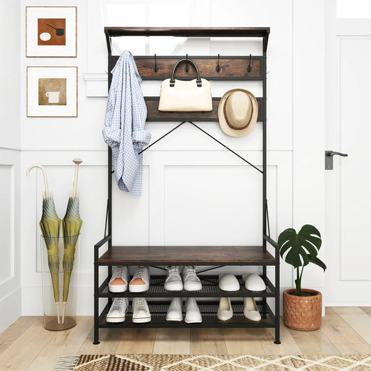 DirectDeals coat rack 4-in-1 hall tree with 11 hooks, wood back panel, metal frame, and bench on Tampa Home & Garden Store