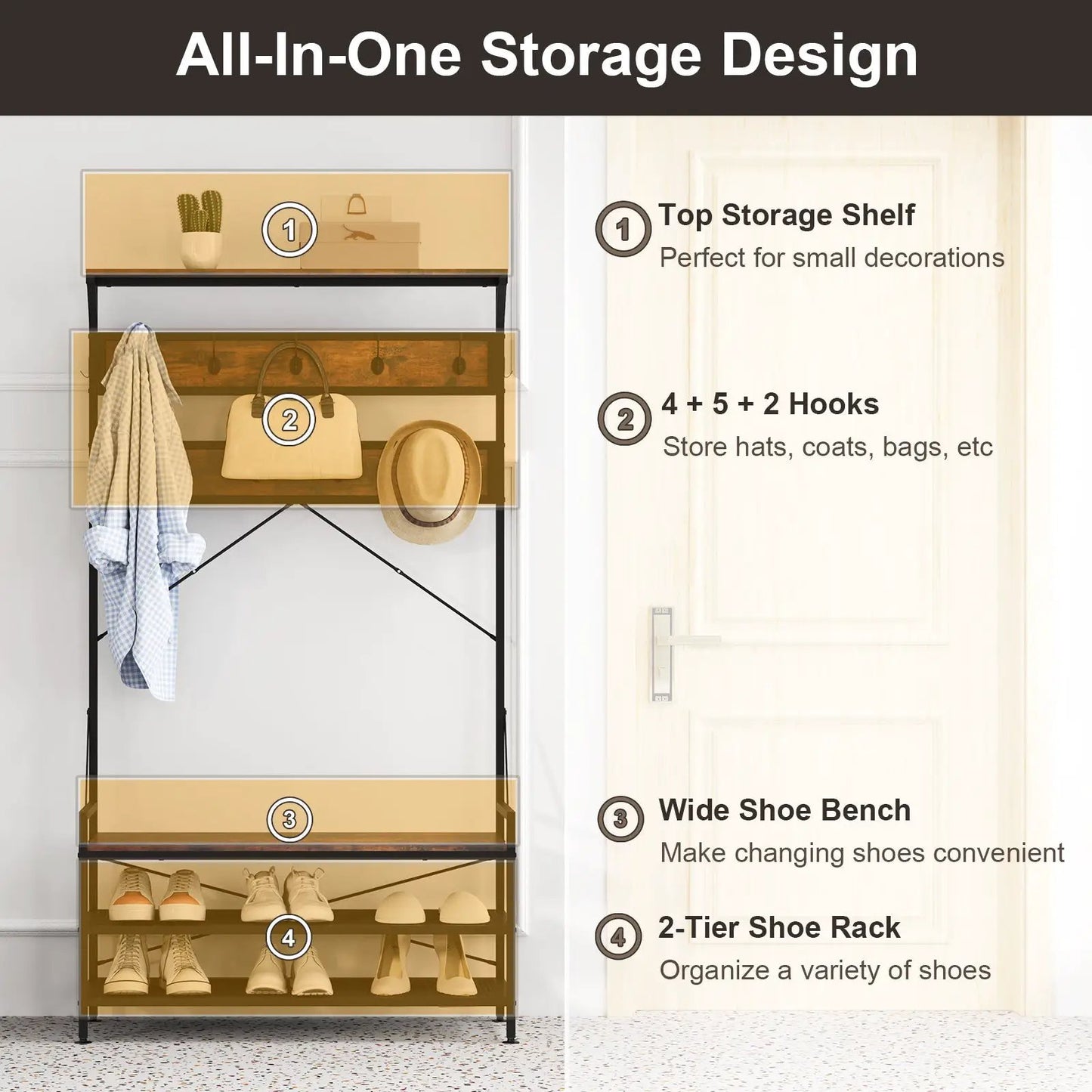 Coat Rack 4-In-1 Hall Tree with 11 hooks and bench, DirectDeals rustic brown frame on Tampa Home & Garden Store