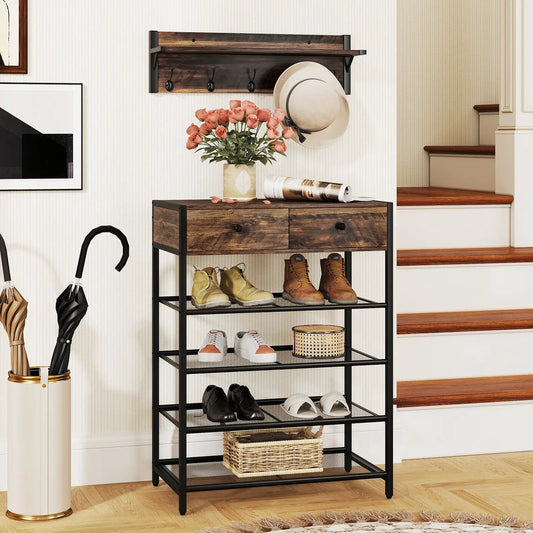 Coat rack and 5-tier brown wood shoe stand with black metal frame on Tampa Home & Garden Store