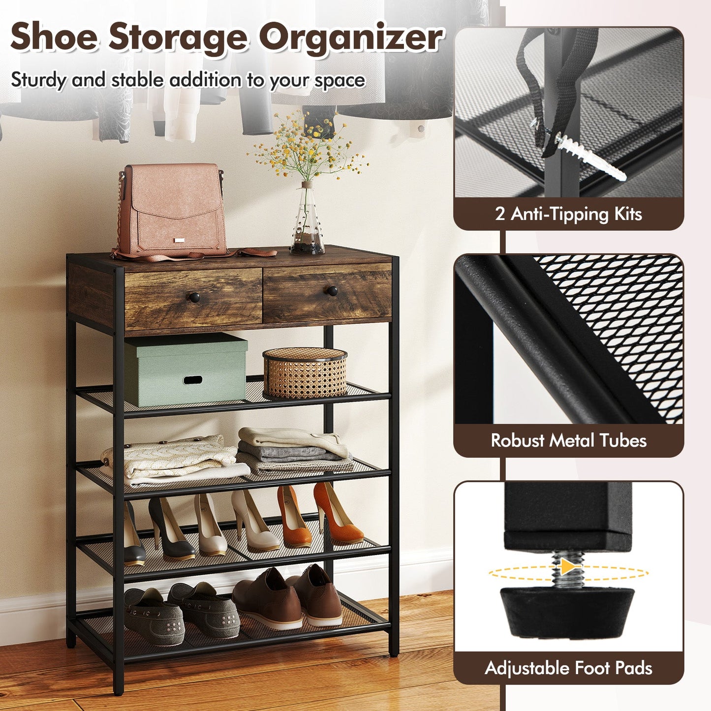 Coat Rack and Shoe Stand Set 5 Tier Brown with black metal frame for entryway storage DirectDeals on Tampa Home & Garden Store