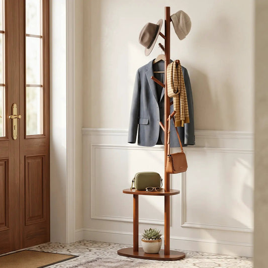 Coat rack with 8 hooks and 2 shelves in walnut rubber wood, featuring blazer, hat and bag on Tampa Home & Garden Store