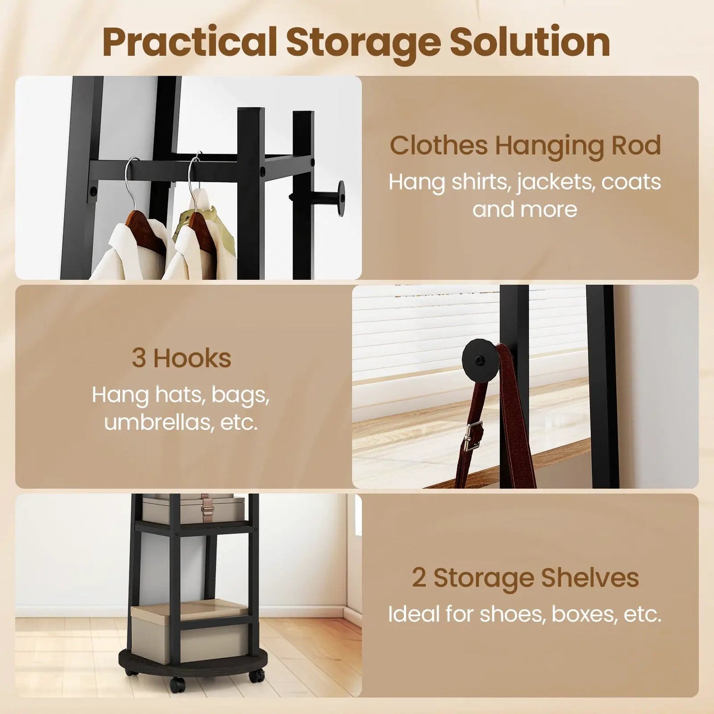 Coat rack with full-length mirror and 3 hooks, freestanding hall tree by DirectDeals on Tampa Home & Garden Store
