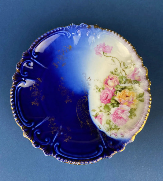 Royal Bavarian cobalt blue dessert plate with pink rose bouquet and gold trim on Tampa Home & Garden Store