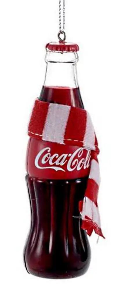 Coca-Cola bottle ornament with red scarf, hanging chain, Coca-Cola logo on Tampa Home & Garden Store