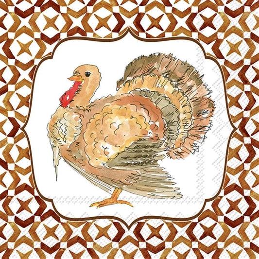 Turkey cocktail napkin with hand-drawn turkey illustration and brown star-pattern border on Tampa Home & Garden Store