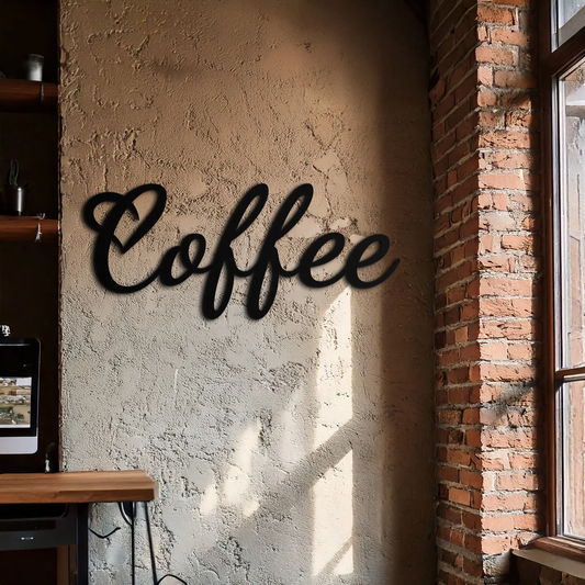 Coffee Script Metal Wall Art in black for kitchen decor on textured beige wall on Tampa Home & Garden Store