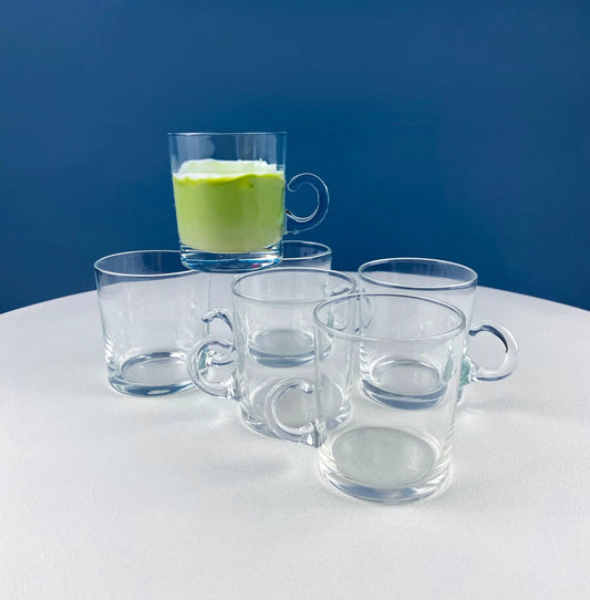 Hand blown coffee cups set of 6 in clear glass with loop handles on white surface on Tampa Home & Garden Store